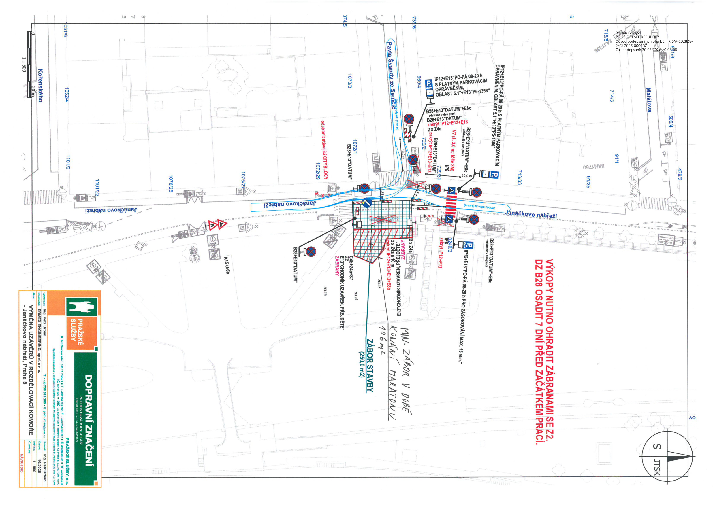 Situační nákres dopravního značení a záboru pro stavební práce na Janáčkově nábřeží.