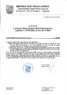 Výpis z usnesení Rady městské části Praha-Lipence č. 181/6-2026 ze dne 30. 6. 2026. Předmětem je úprava rozpočtu MČ Praha-Lipence 2026: 1) Přijetí účelové inve…