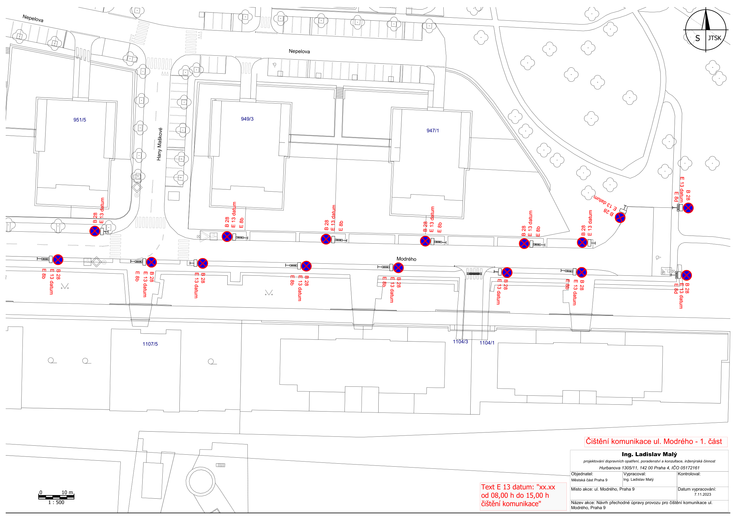Situační nákres dopravního značení pro čištění komunikace ulice Modrého v Praze 9.