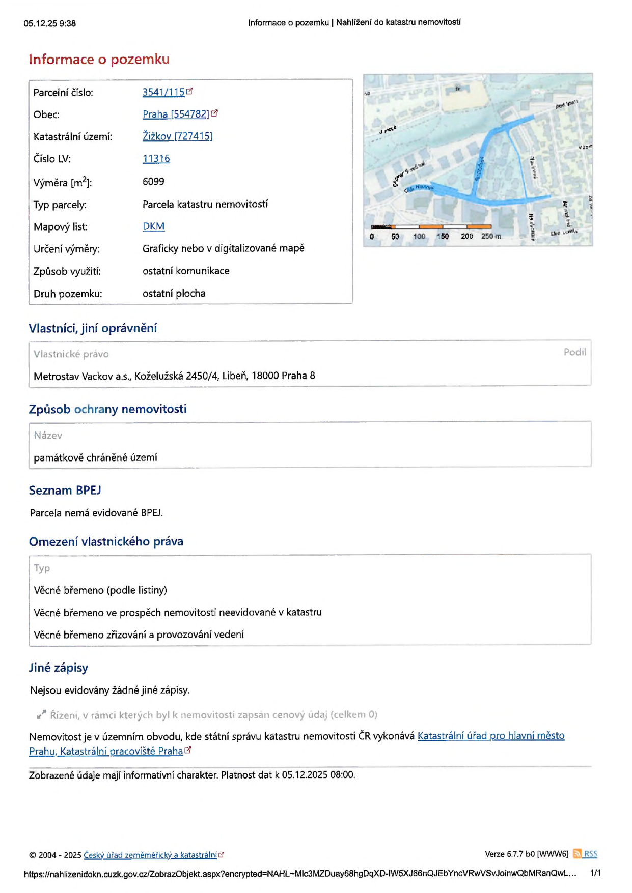 Výpis z katastru nemovitostí obsahující mapu parcely č. 3541/115 v k.ú. Žižkov.