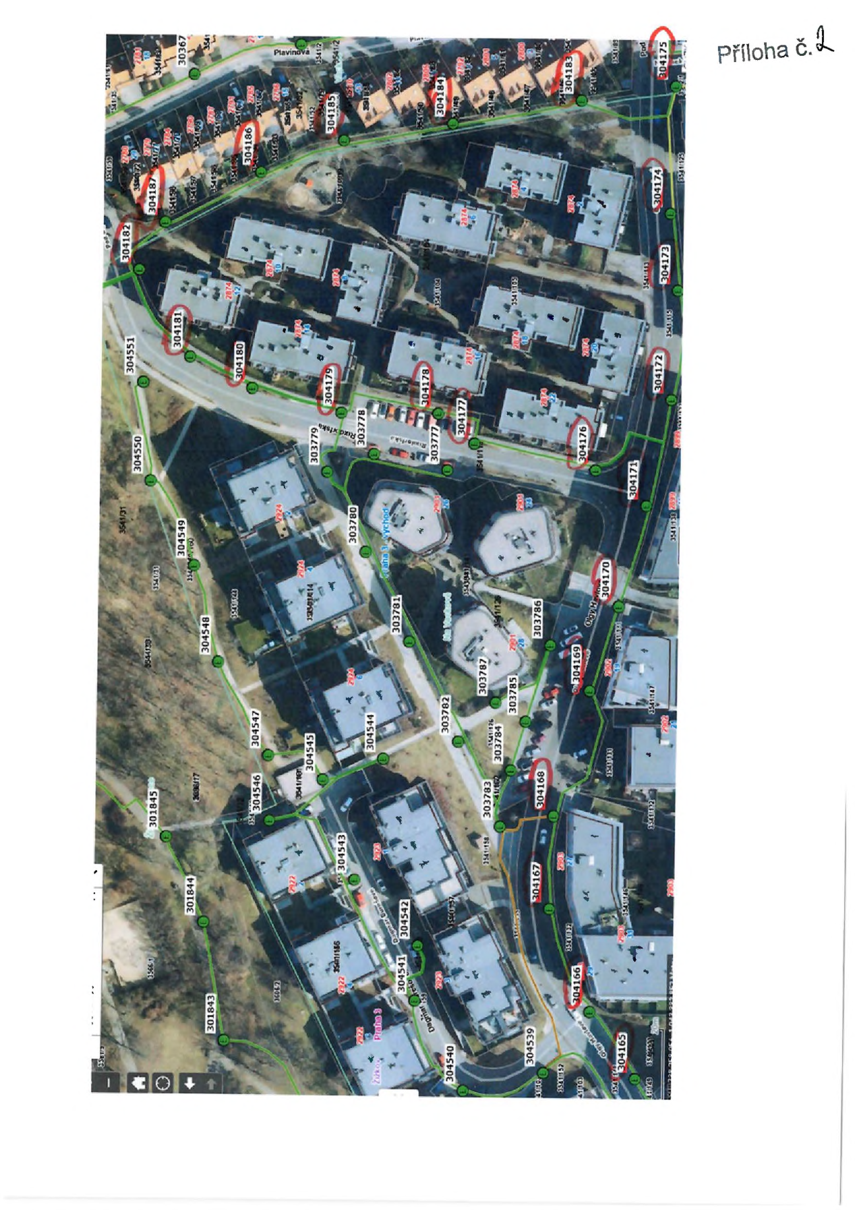 Katastrální situační mapa (ortofotomapa) s vyznačenými parcelními čísly pozemků. V pravém horním rohu je text 'Příloha č. 2'. Vyznačená čísla parcel zahrnují mimo jiné: 301845, 301844, 301843, 304549, 304550, 304551, 304182, 304187, 304181, 304180, 304179, 304178, 304177, 304176, 304175, 304174, 304173, 304172, 304171, 304170, 304169, 304168, 304167, 304166, 304165, 304539, 303786, 303785, 303784, 303783, 303782, 303781, 303780, 303779, 303778, 303777, 304545, 304544, 304542, 304541, 304540, 304546, 304547, 304548, 304186, 304185, 303067.