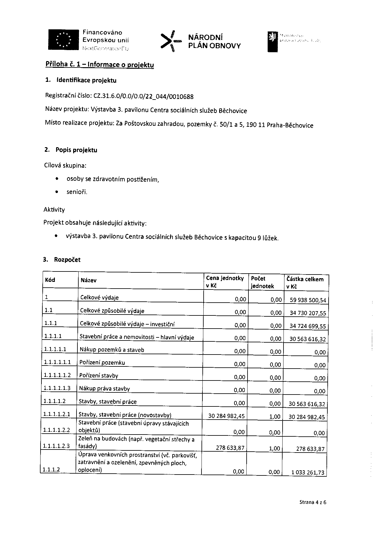 Příloha č. 1 – Informace o projektu. Identifikace projektu: Registrační číslo CZ.31.6.0/0.0/0.0/22_044/0010688, název projektu: Výstavba 3. pavilonu Centra sociálních služeb Běchovice, místo realizace: Za Poštovskou zahradou, pozemky č. 50/1 a 5, 190 11 Praha-Běchovice. Cílová skupina: osoby se zdravotním postižením, senioři. Aktivity: výstavba 3. pavilonu Centra sociálních služeb Běchovice s kapacitou 9 lůžek. Rozpočet (v Kč): Celkové výdaje 59 938 500,54; Celkové způsobilé výdaje 34 730 207,55; Celkové způsobilé výdaje – investiční 34 724 699,55; Stavební práce a nemovitosti – hlavní výdaje 30 563 616,32; Nákup pozemků a staveb 0,00; Pořízení pozemku 0,00; Pořízení stavby 0,00; Nákup práva stavby 0,00; Stavby, stavební práce 30 563 616,32; Stavby, stavební práce (novostavby) 30 284 982,45; Stavební práce (stavební úpravy stávajících objektů) 0,00; Zeleň na budovách (např. vegetační střechy a fasády) 278 633,87; Úprava venkovních prostranství (vč. parkovišť, zatravnění a ozelenění, zpevněných ploch, oplocení) 1 033 261,73. Strana 4 z 6.