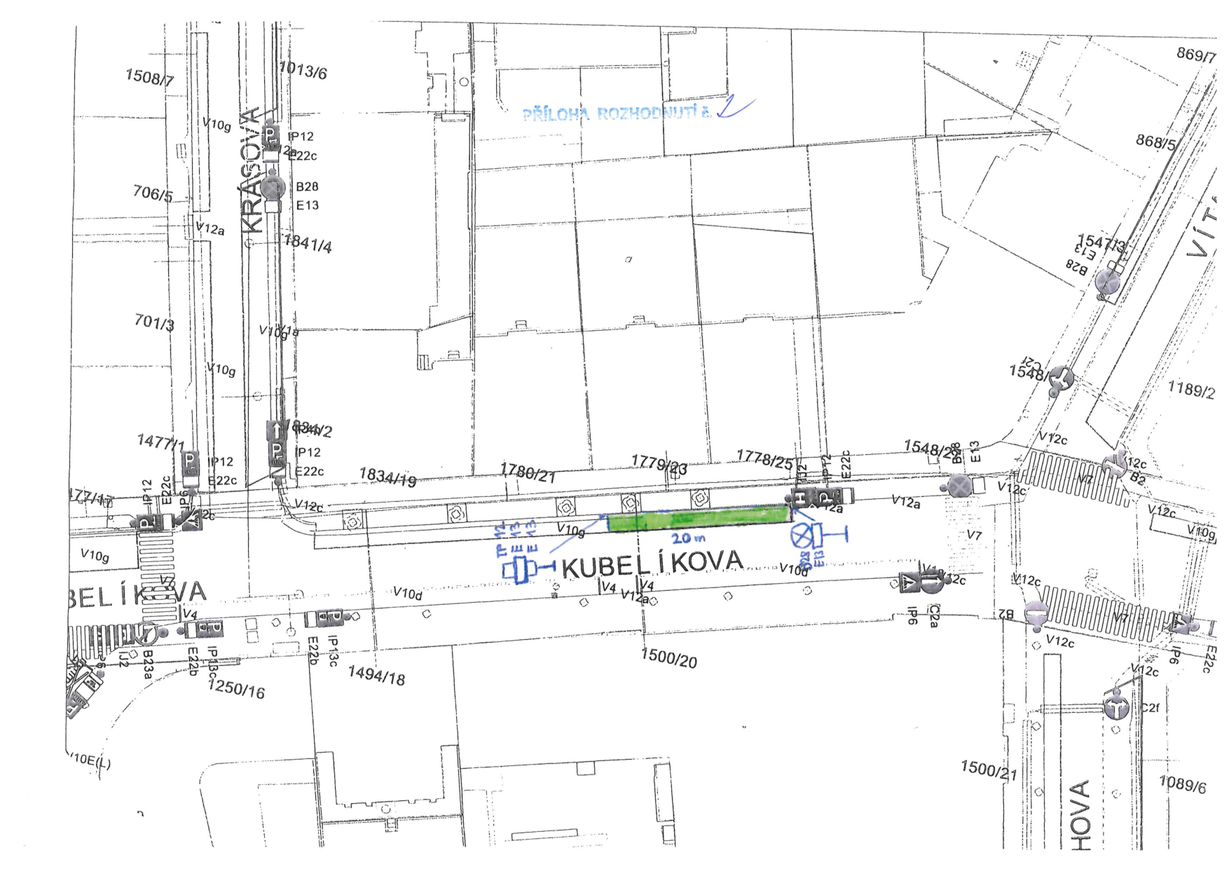 Koordinační situační nákres dopravního značení v ulici Kubelíkova.