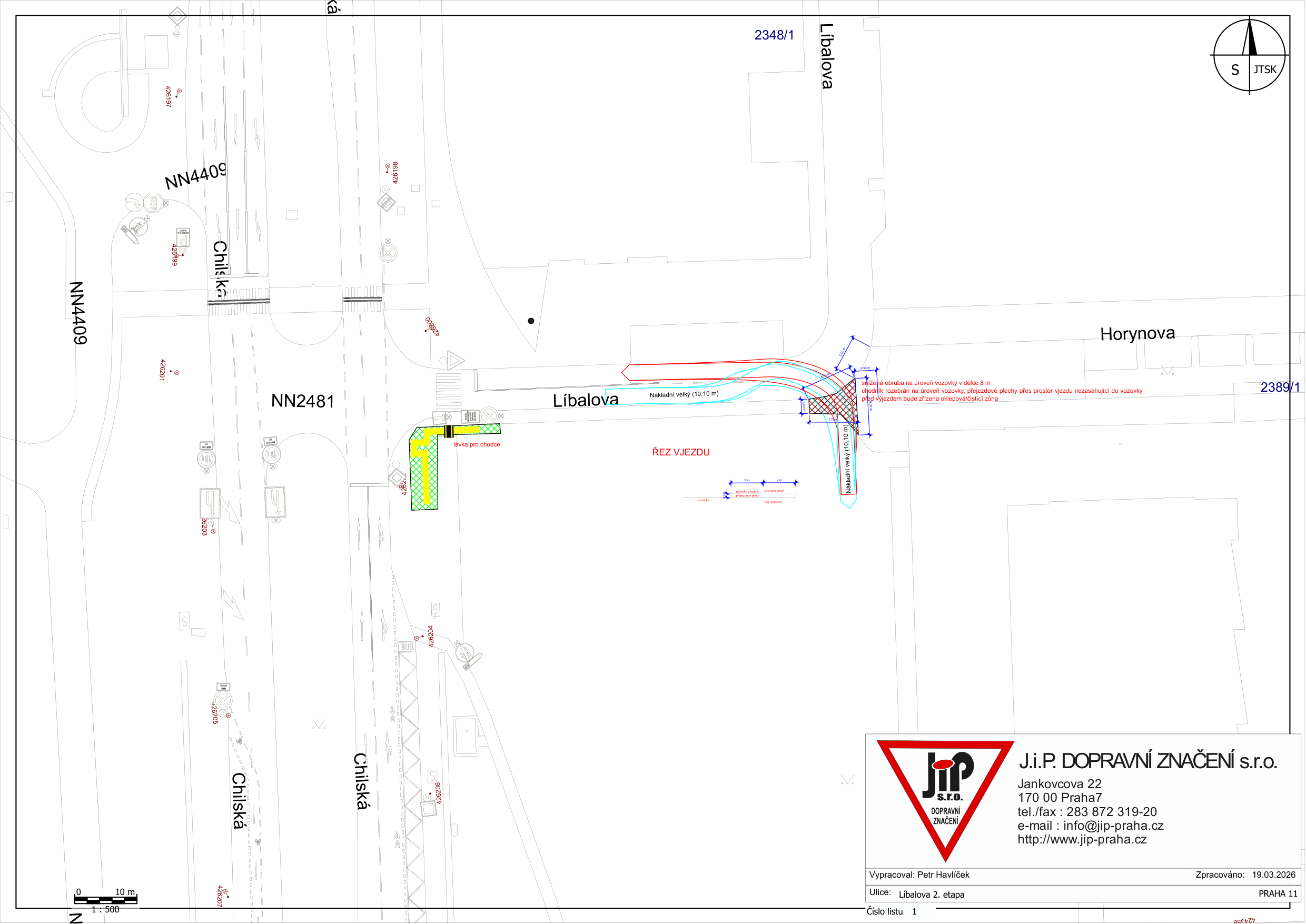 Situační nákres dopravního značení a úpravy vjezdu v ulici Líbalova.