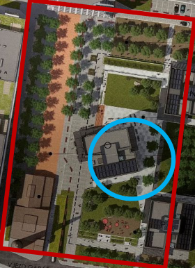 Vizualizace projektu (situační plán) s vyznačeným objektem.