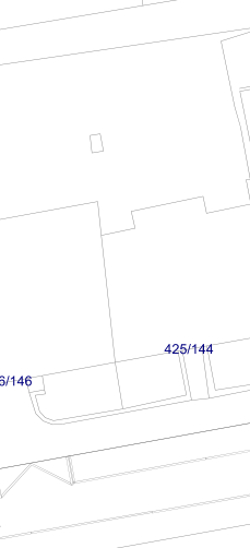 Výřez katastrální mapy s vyznačenými parcelami, čitelné jsou parcely č. 425/144 a část parcely č. 6/146.