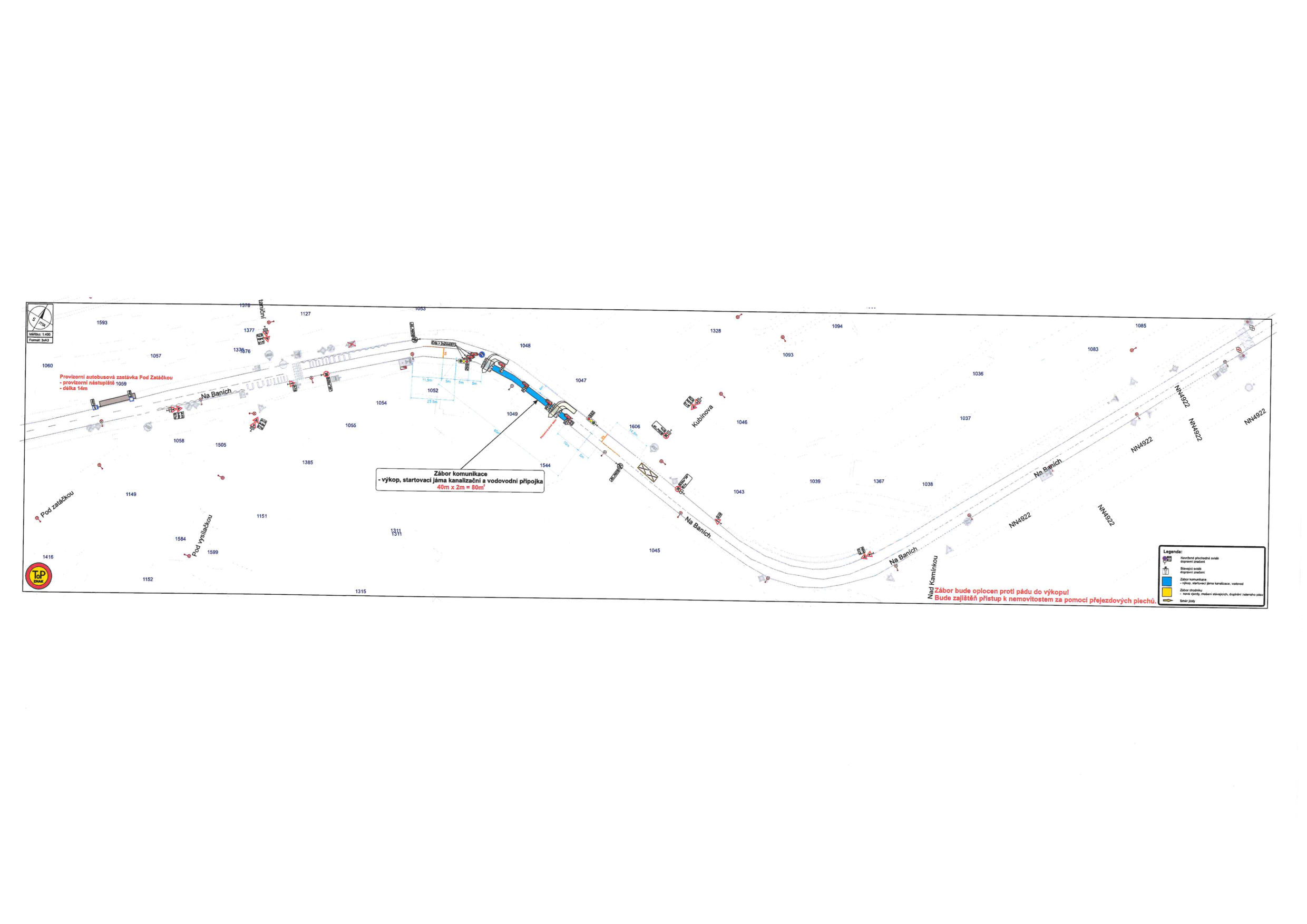 Koordinační situační výkres stavby s vyznačeným záborem komunikace a provizorní autobusovou zastávkou.