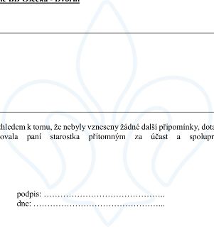 Závěrečná část zápisu z jednání (pravděpodobně BD Osecká - Dvořín): 'Vzhledem k tomu, že nebyly vzneseny žádné další připomínky, dotazy, poděkovala paní staros…