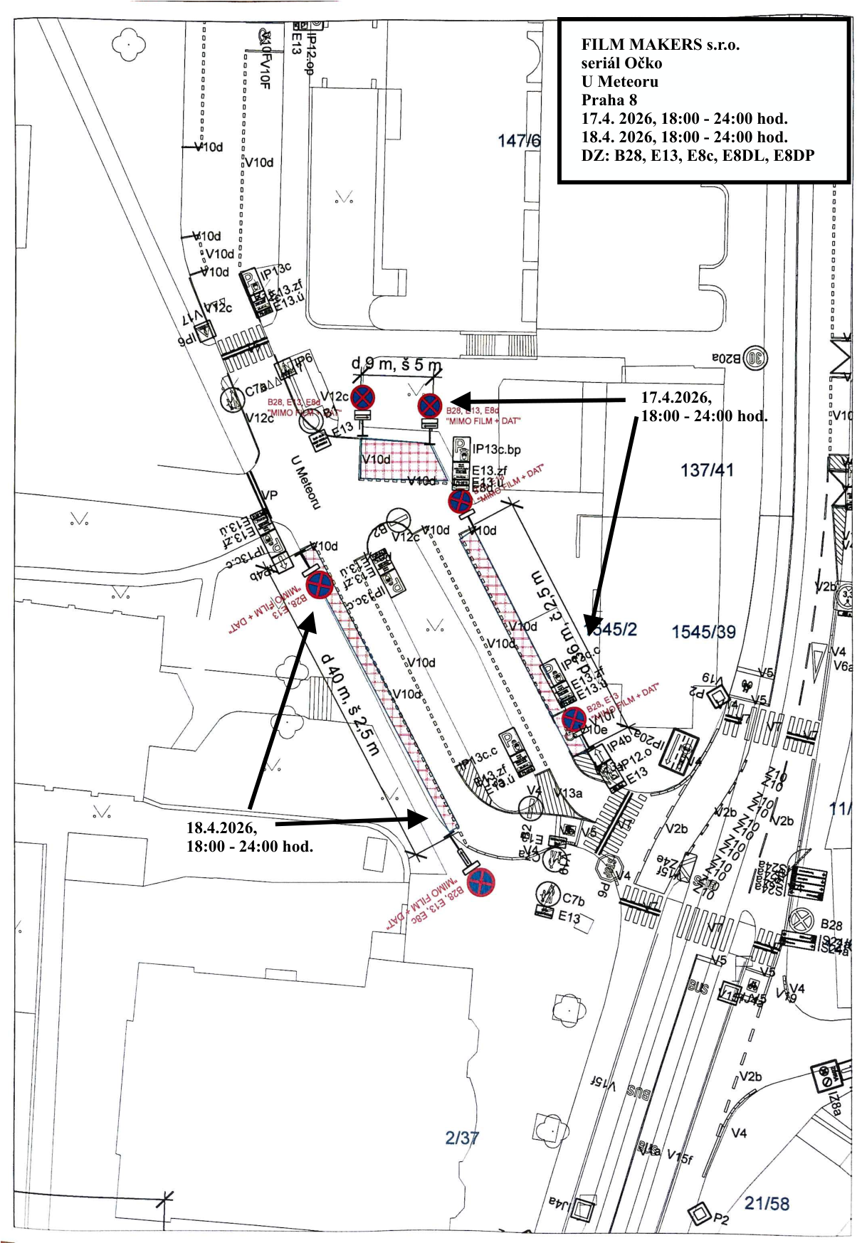 Situační nákres dopravního značení pro filmové natáčení v ulici U Meteoru.