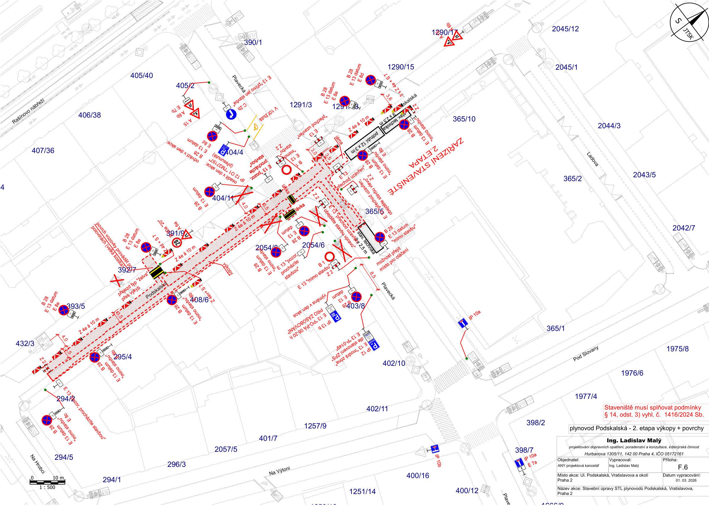 Situační nákres dopravního značení pro stavbu plynovodu v ulici Podskalská.