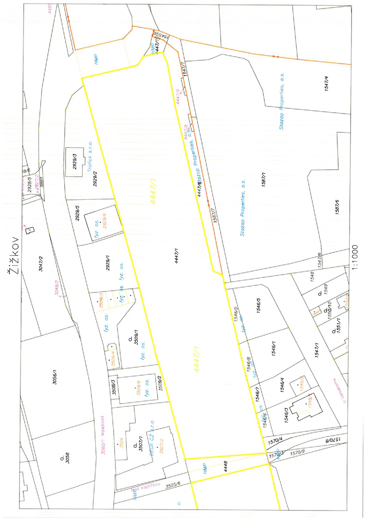 Katastrální mapa zobrazující parcelu č. 4447/1 v katastrálním území Žižkov.