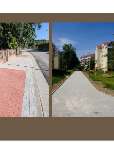 Fotografie zachycující stav chodníků a veřejného prostranství v obytné zóně. Levá část zobrazuje nově vydlážděný chodník s hmatovými prvky podél silnice, pravá…