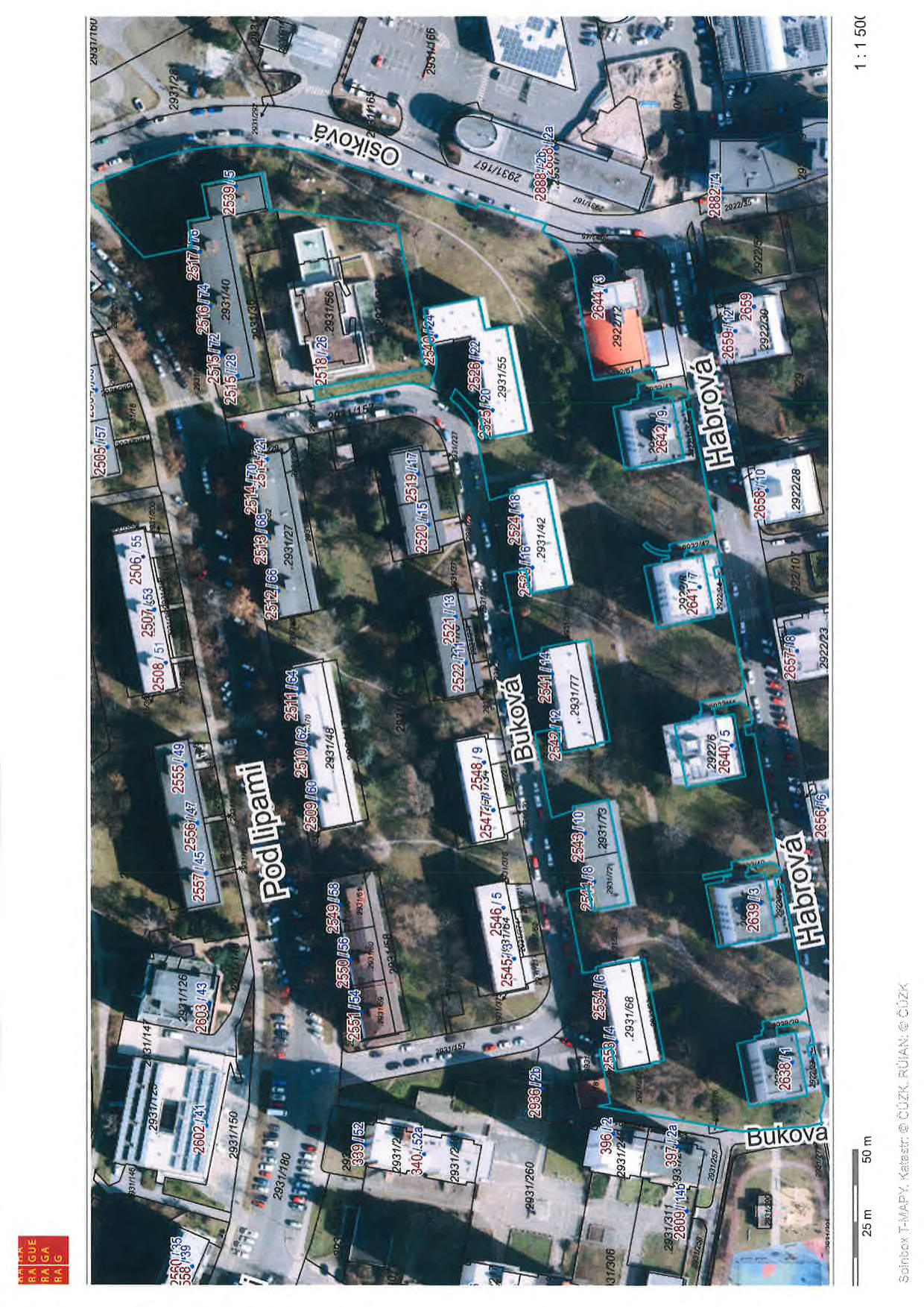 Katastrální mapa s ortofotomapou zobrazující oblast ulic Pod lipami, Buková a Habrová. V mapě jsou vyznačena čísla parcel, např.: 2505/57, 2507/53, 2508/51, 2506/55, 2555/49, 2556/47, 2557/45, 2603/43, 2931/126, 2931/150, 2931/180, 339/52, 340/52a, 2931/24, 2931/260, 396/2, 2931/241, 397/2a, 2931/257, 2809/14, 2931/311, 2638/1, 2639/3, 2656/6, 2657/8, 2658/10, 2922/28, 2922/6, 2640/5, 2641/7, 2642/9, 2644/13, 2922/12, 2659/12, 2922/30, 2882/14, 2931/167, 2888/2a, 2931/55, 2526/122, 2525/120, 2519/17, 2520/15, 2521/13, 2522/11, 2524/18, 2931/42, 2549/12, 2541/14, 2931/77, 2547/9, 2548/9, 2546/5, 2545/64, 2553/14, 2554/16, 2931/68, 2551/54, 2550/56, 2549/58, 2931/58, 2509/60, 2510/62, 2511/64, 2931/48, 2512/66, 2513/68, 2514/70, 2515/72, 2516/74, 2517/76, 2931/40, 2539/5, 2931/160, 2931/28, 2931/166. Měřítko 1:1 500, podklad: Splnbox T-MAPY, Katastr: © ČÚZK, RÚIAN: © ČÚZK.
