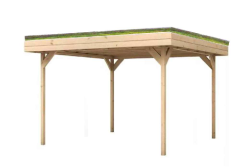 Vizualizace dřevěného přístřešku se zelenou střechou.