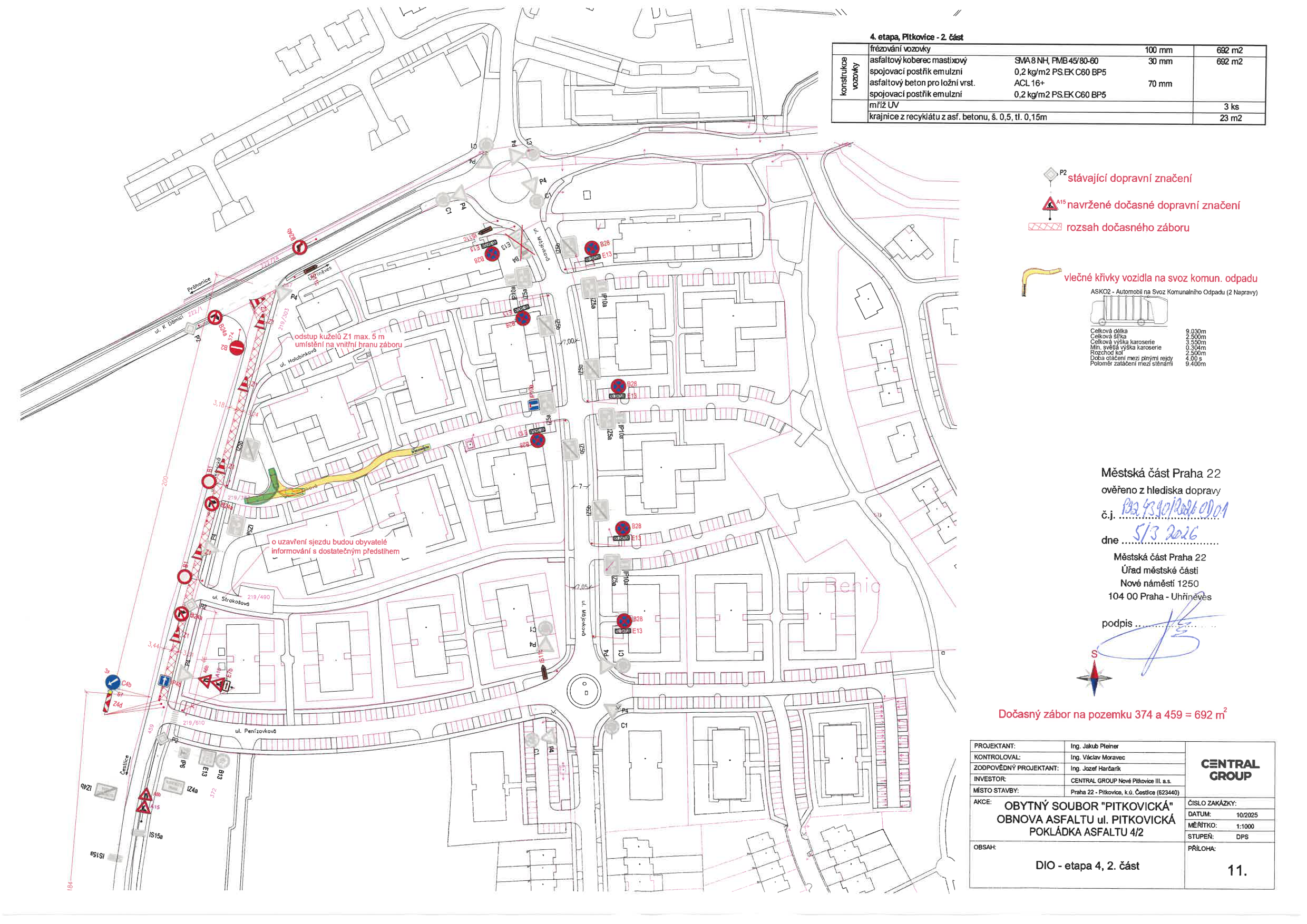 Koordinační situační výkres dopravního značení a dočasného záboru pro opravu asfaltového povrchu v obytném souboru Pitkovická.