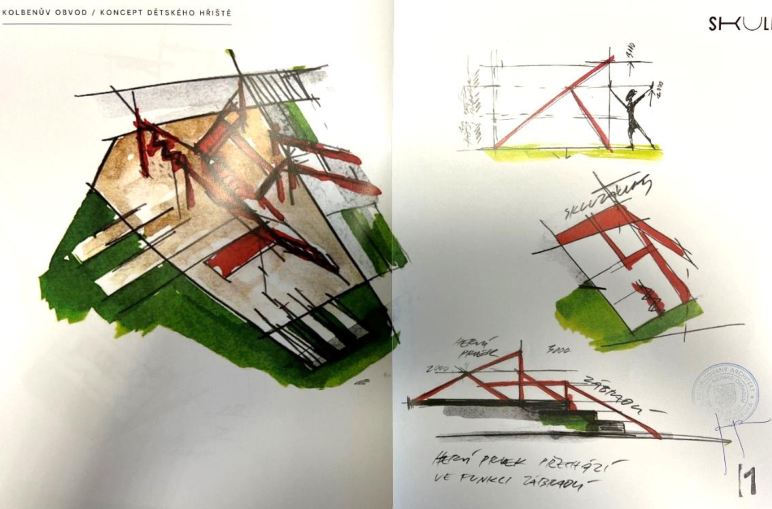 Architektonická vizualizace a náčrty konceptu dětského hřiště v rámci projektu Kolbenův obvod.