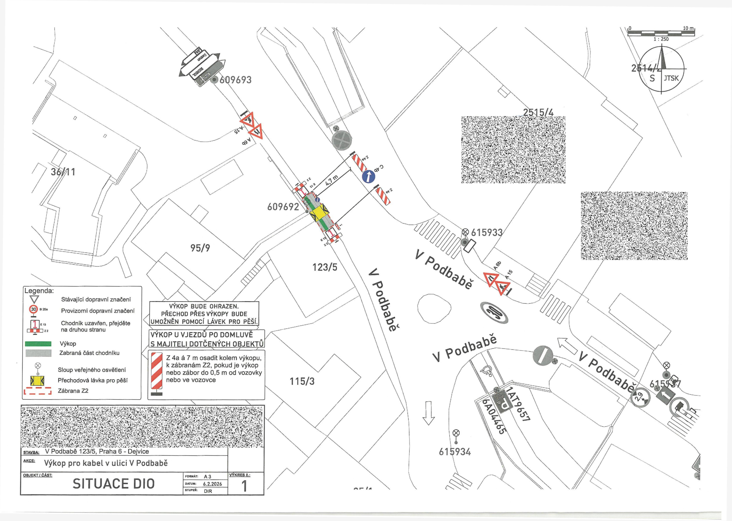 Situační nákres dopravně inženýrského opatření (DIO) pro výkopové práce v ulici V Podbabě.