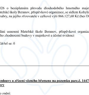 Naskenovaná stránka textového dokumentu. Obsahuje text: '026 o bezúplatném převodu dlouhodobého hmotného majet... atežské školy Beranov, příspěvkové organizace…
