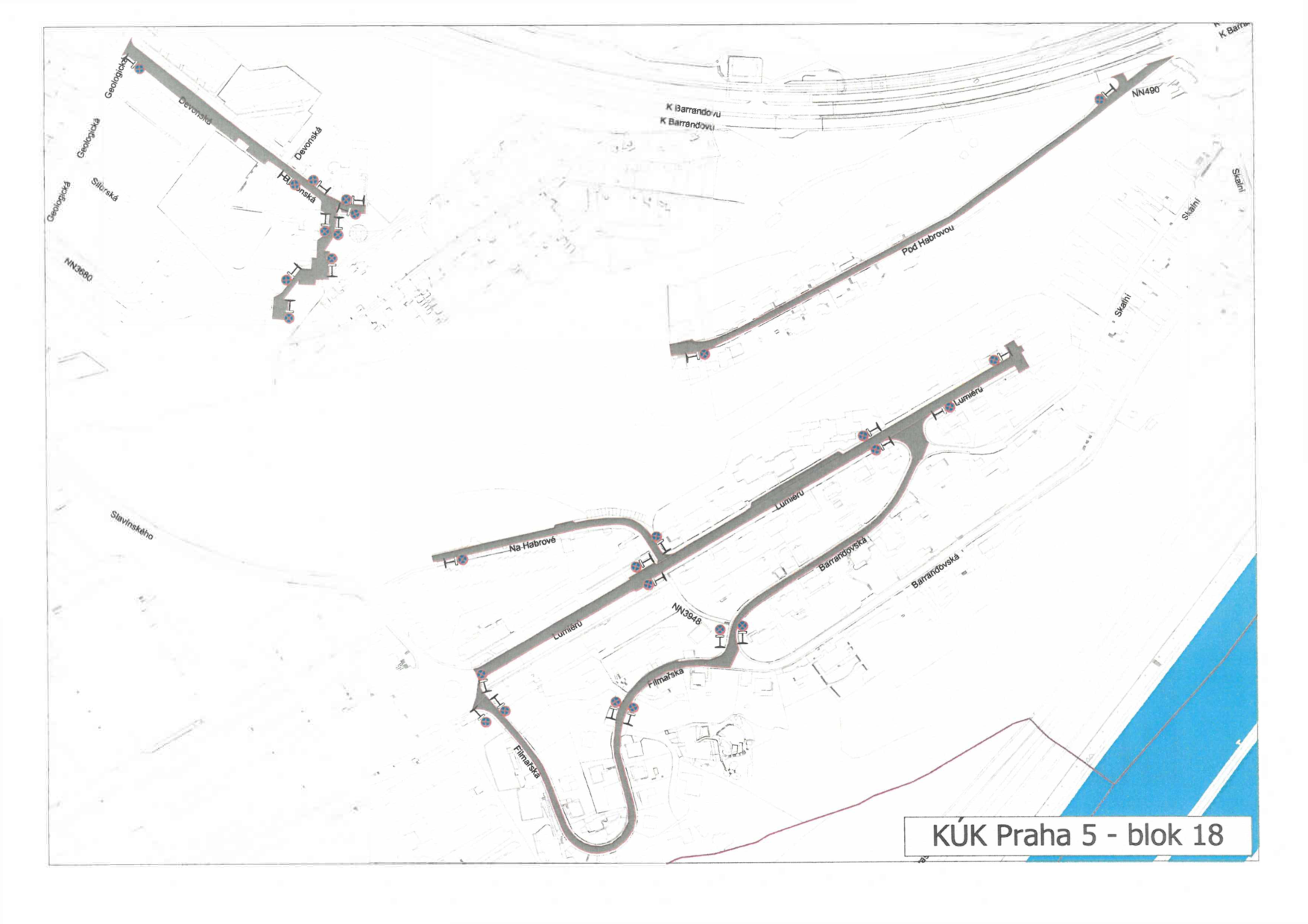 Situační nákres dopravního značení v lokalitě Praha-Barrandov.