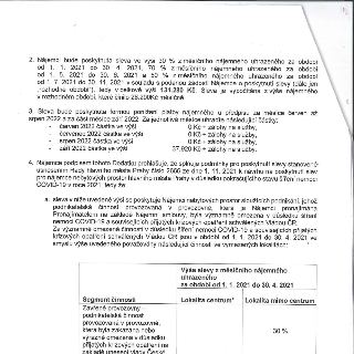 2. Nájemci bude poskytnuta sleva ve výši 30 % z měsíčního nájemného uhrazeného za období od 1. 1. 2021 do 30. 4. 2021, 70 % z měsíčního nájemného uhrazeného za…