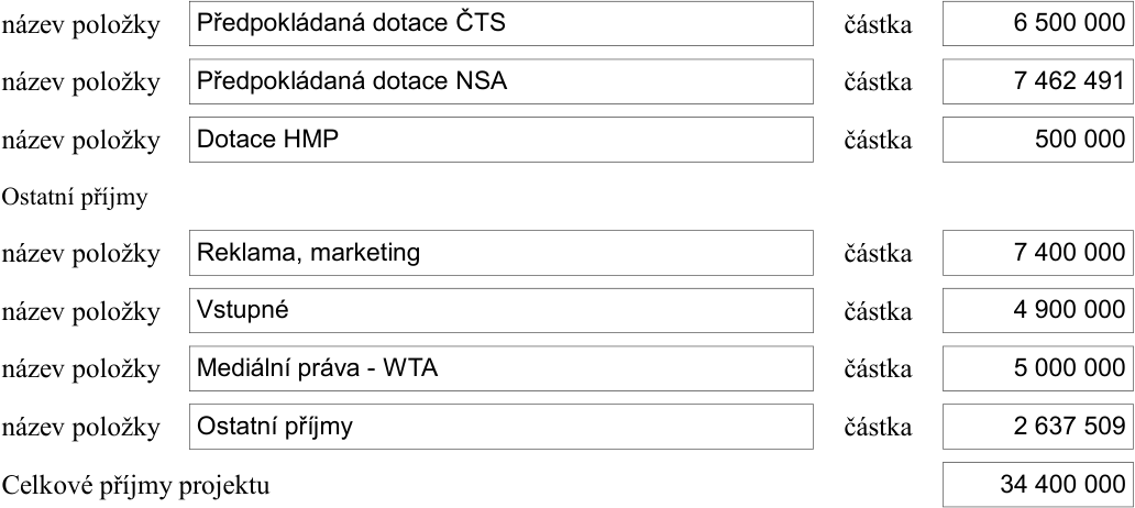 Tabulka příjmů projektu: Předpokládaná dotace ČTS 6 500 000 Kč, Předpokládaná dotace NSA 7 462 491 Kč, Dotace HMP 500 000 Kč. Ostatní příjmy: Reklama, marketing 7 400 000 Kč, Vstupné 4 900 000 Kč, Mediální práva - WTA 5 000 000 Kč, Ostatní příjmy 2 637 509 Kč. Celkové příjmy projektu 34 400 000 Kč.