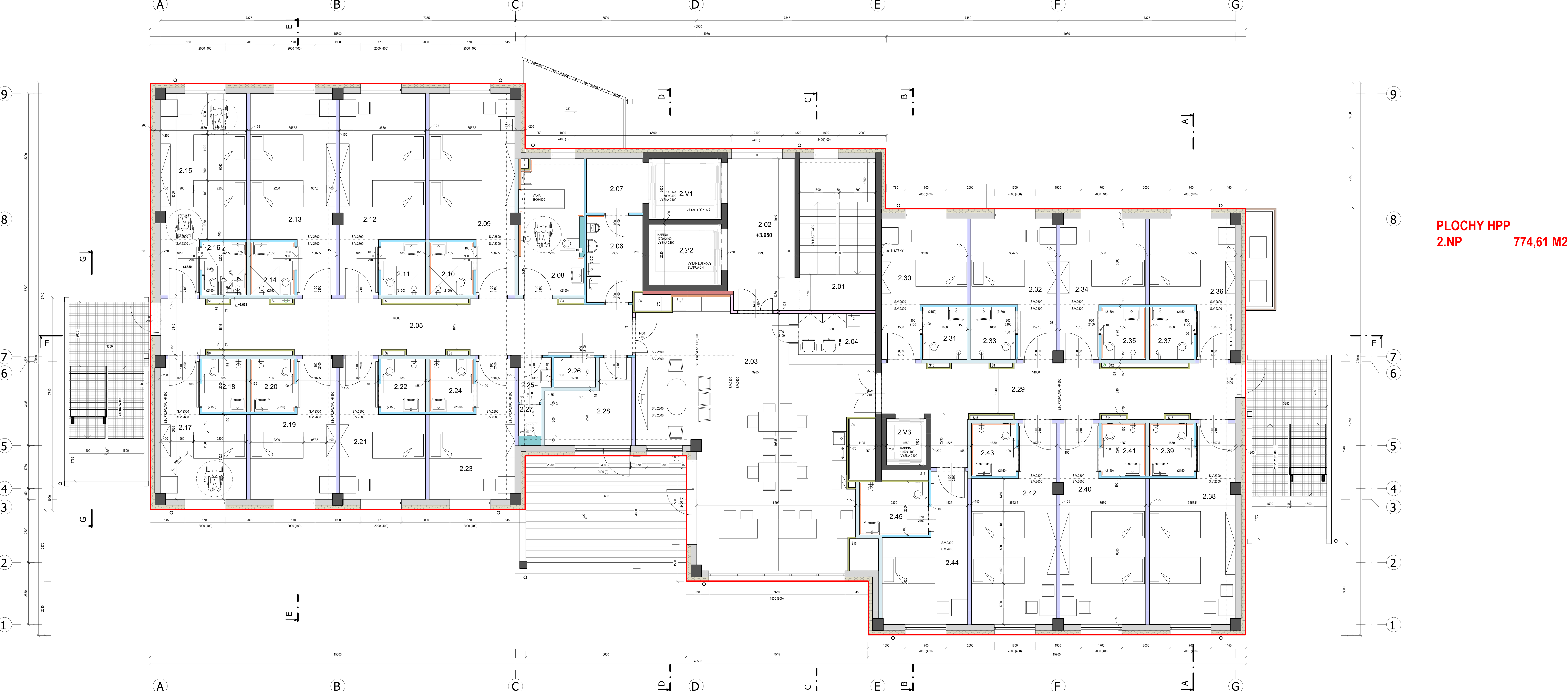 Půdorys 2. nadzemního podlaží budovy se zakreslením místností a technických prvků.
