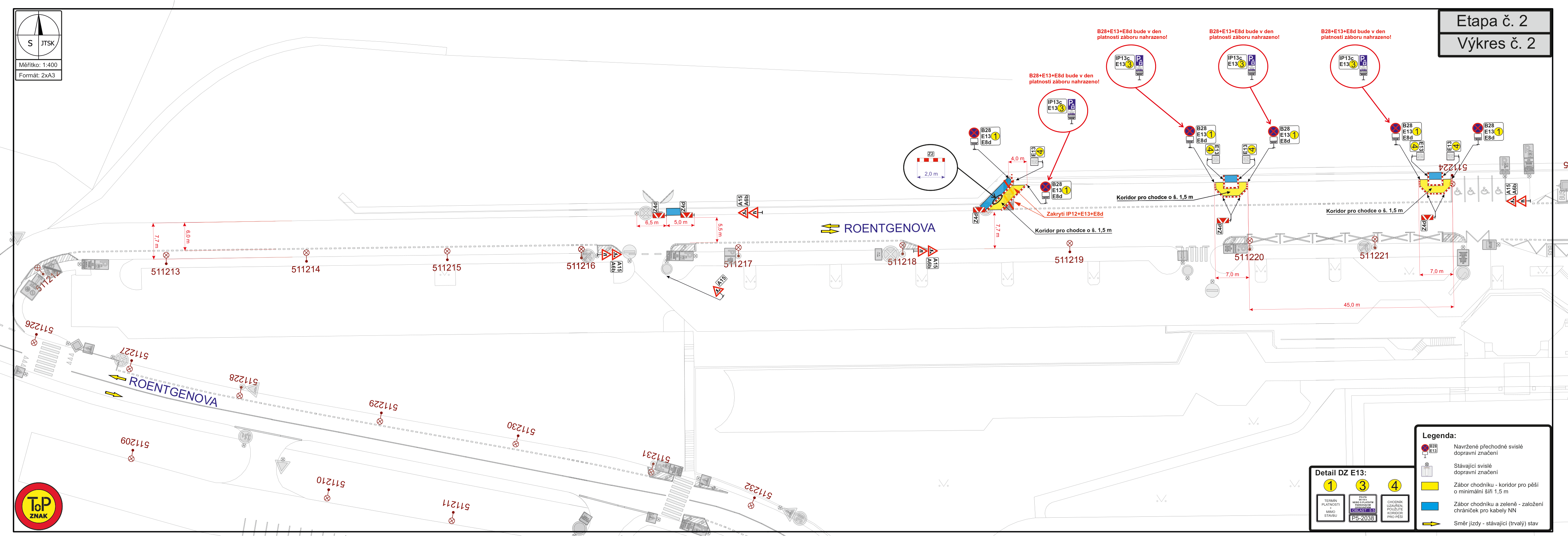 Plán dopravního značení a záborů chodníku pro stavební práce v ulici Roentgenova.