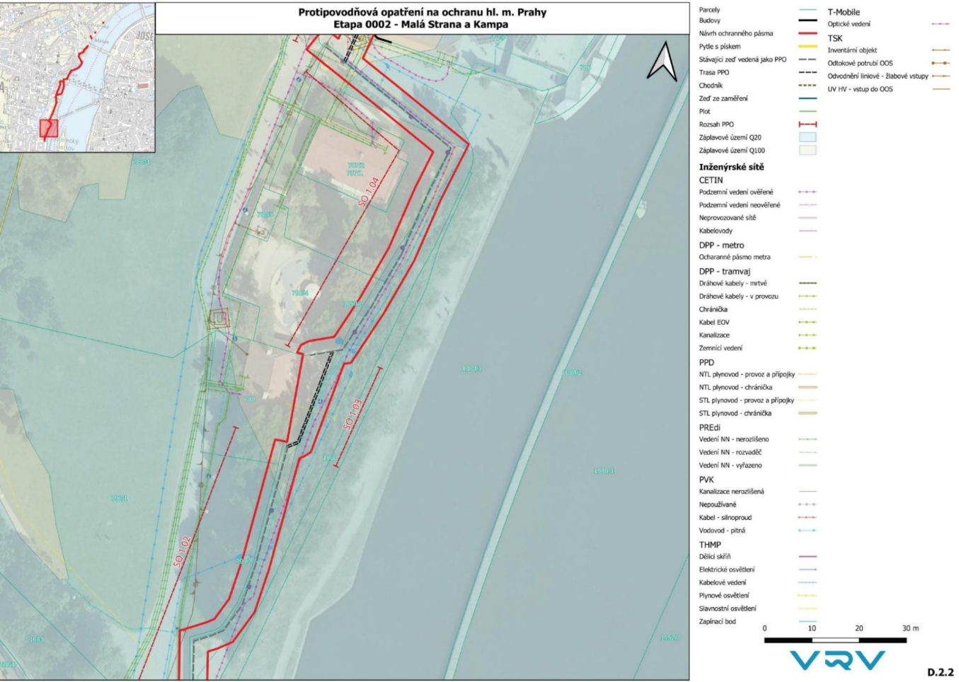 Situační plán protipovodňových opatření v lokalitě Malá Strana a Kampa v Praze.