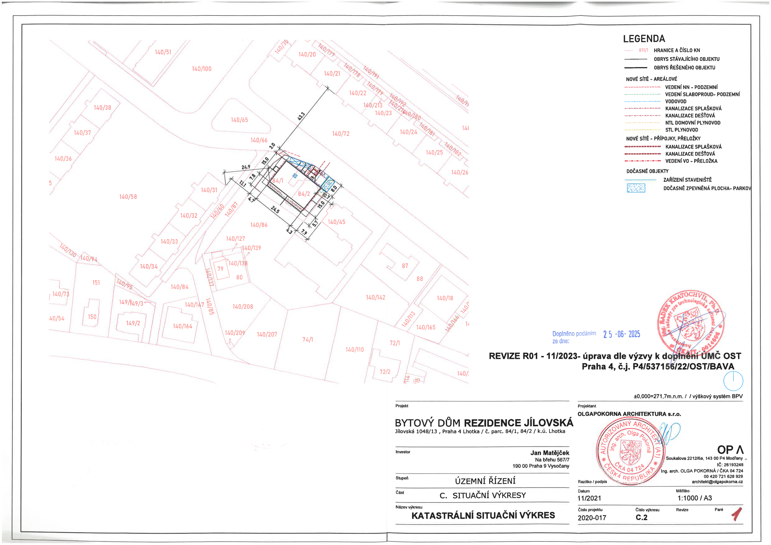 Katastrální situační výkres pro projekt bytového domu Rezidence Jílovská.