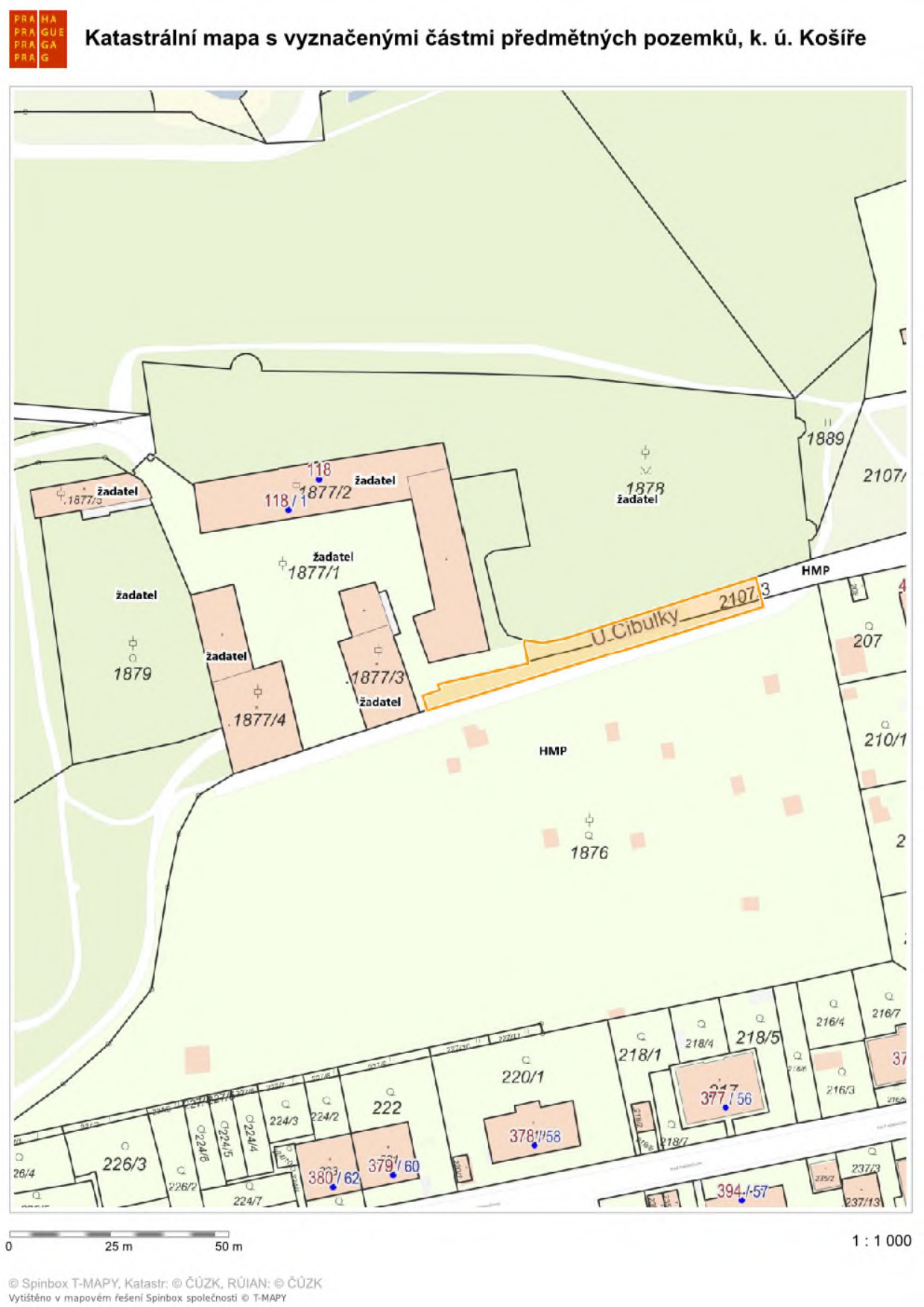 Katastrální mapa s vyznačenými částmi předmětných pozemků, k. ú. Košíře. Mapa zobrazuje parcely č. 1877/1, 1877/2, 1877/3, 1877/4, 1878, 1879, 2107/3 (ulice U Cibulky), 1876, 220/1, 218/1, 218/4, 218/5, 216/4, 216/7, 216/3, 377/56, 378/58, 379/60, 380/62, 394/57, 224/3, 224/2, 222, 224/4, 224/5, 224/6, 224/7, 226/3, 226/2, 26/4, 237/3, 237/13, 235/2, 1889, 2107/1, 207, 210/1. U některých parcel je uvedeno označení 'žadatel'. Měřítko 1:1000, legenda obsahuje informaci o zdroji: Spinbox T-MAPY, Katastr: © ČÚZK, RÚIAN: © ČÚZK.