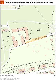 Katastrální mapa s vyznačenými částmi předmětných pozemků, k. ú. Košíře. Mapa zobrazuje parcely č. 1877/1, 1877/2, 1877/3, 1877/4, 1878, 1879, 2107/3 (ulice U…