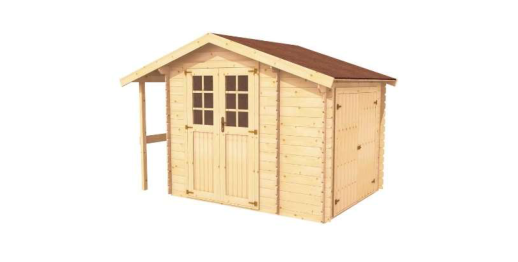 Vizualizace dřevěného zahradního domku, pravděpodobně součást projektové dokumentace ke stavebnímu řízení.