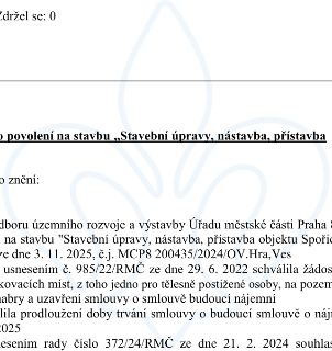 Úřední dokument týkající se stavebního povolení. Obsahuje následující text: 'Zdržel se: 0', 'o povolení na stavbu „Stavební úpravy, nástavba, přístavba', 'o zn…