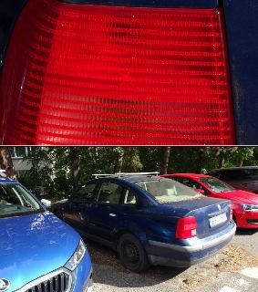 Fotografie modrého osobního automobilu Volkswagen s registrační značkou EED 86X a detail jeho zadního červeného světla.