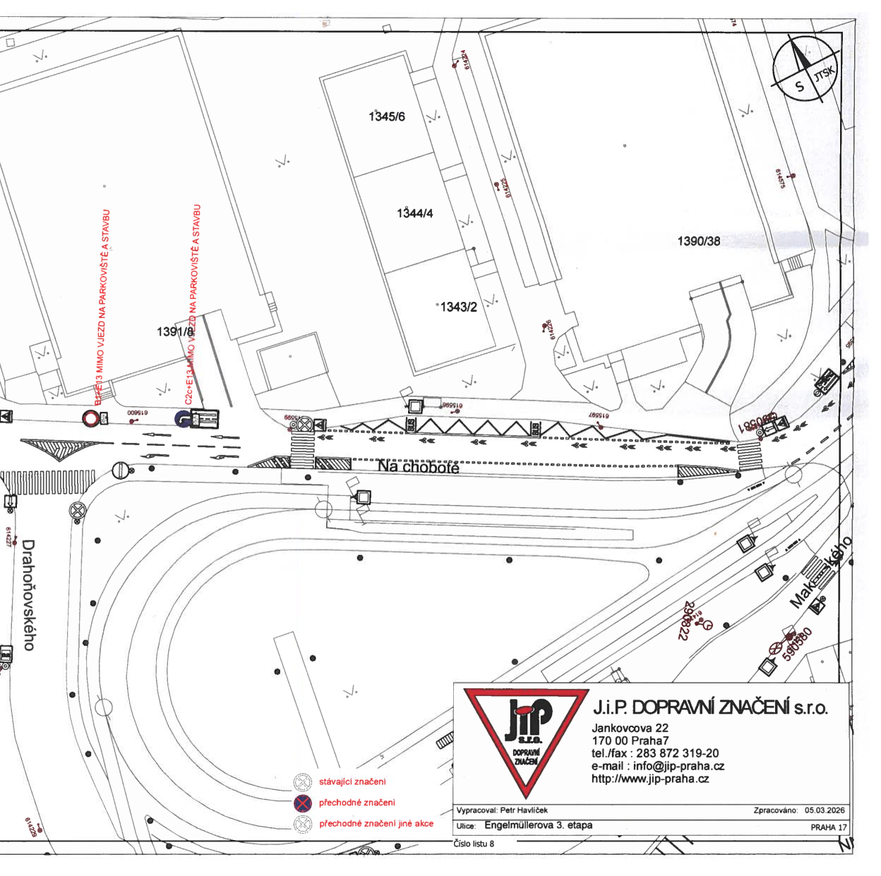 Koordinační situační nákres dopravního značení v ulici Engelmüllerova.