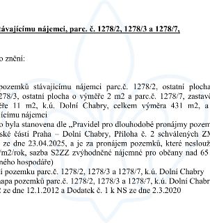 Úřední oznámení o pronájmu pozemků stávajícímu nájemci v k.ú. Dolní Chabry. Jedná se o parcely č. 1278/2 (ostatní plocha), 1278/3 (ostatní plocha, 2 m2) a 1278…