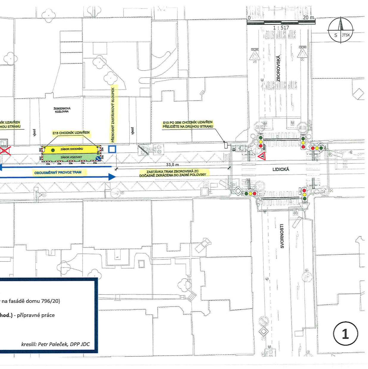 Situační plán dopravního značení a uzavírky v okolí tramvajové zastávky v ulici Zborovská.