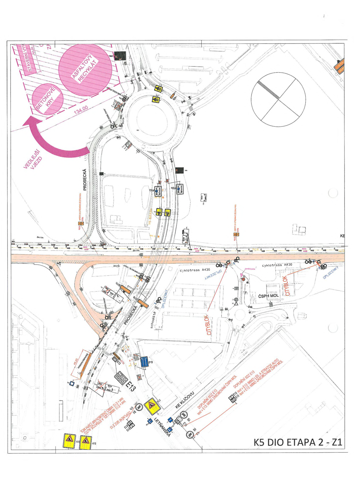 Plán stavby (situační nákres) s názvem 'K5 DIO ETAPA 2 - Z1'. Mapa zobrazuje dopravní značení a úpravy komunikací v oblasti ulic Prosecká a Ke Klíčovu. Obsahuje vyznačené zóny: 'VEDLEJŠÍ VJEZD', 'BETONOVÉ KRY', 'ASFALTOVÝ RECYKLÁT', 'cyklotrasa A430', 'CITYBLOK', 'ČSPH MOL'. Jsou zde uvedeny pokyny pro dopravní značení (SDZ): 'DOPLNĚNÍ SDZ E13 text v E13: MIMO LIDL A STRATOS AUTO', 'DOPLNĚNÍ SDZ E13 text v E13: MIMO ZÁSOBOVÁNÍ ČSPH MOL'. Dále jsou v plánu označeny ulice 'PROSECKÁ', 'KE KLÍČOVU', 'LETŇANSKÁ' a prvky jako 'OPLOCENKY'.