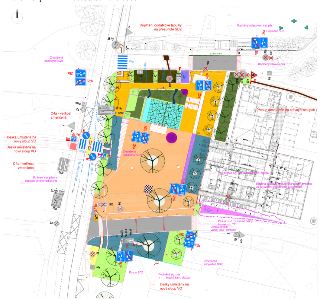 Situační nákres dopravního značení a stavebních úprav prostranství, obsahuje značky IZ5a, IZ5b, C4a, IS19, IP12, V7a, V10b a další prvky dopravní infrastruktur…