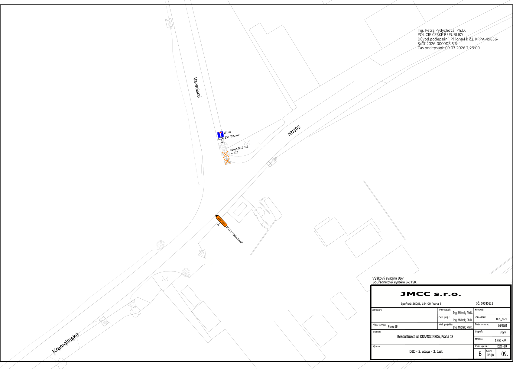 Situační nákres dopravního značení v rámci rekonstrukce ulice Kramolínská.