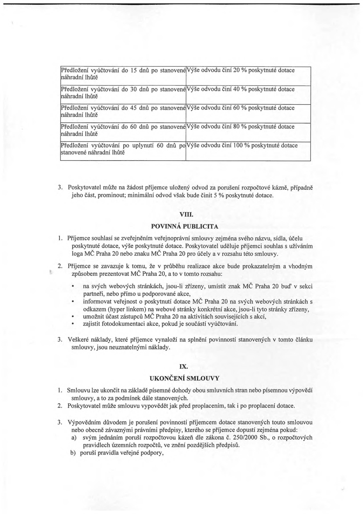 Tabulka sankcí za pozdní předložení vyúčtování dotace: 15 dní po lhůtě = 20 % odvodu, 30 dní = 40 %, 45 dní = 60 %, 60 dní = 80 %, po 60 dnech = 100 %. Poskytovatel může na žádost prominout část odvodu, minimálně však 5 %. Článek VIII. Povinná publicita: příjemce musí uvádět logo MČ Praha 20, informovat o dotaci na webu a umožnit účast zástupců MČ. Článek IX. Ukončení smlouvy: dohodou nebo výpovědí, možnost výpovědi při porušení rozpočtové kázně nebo pravidel veřejné podpory.