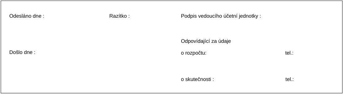 Administrativní část formuláře obsahující pole: Odesláno dne, Razítko, Podpis vedoucího účetní jednotky, Došlo dne, Odpovídající za údaje o rozpočtu (včetně pole pro telefon) a Odpovídající za údaje o skutečnosti (včetně pole pro telefon).