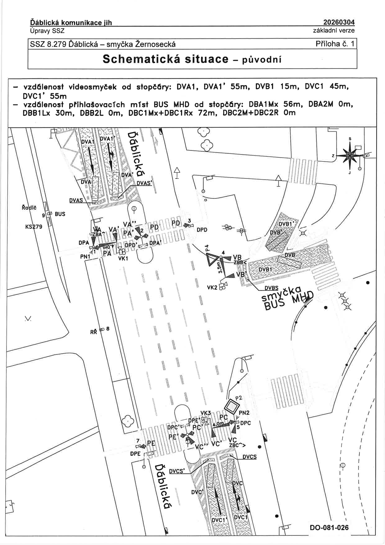 Schematická situace SSZ 8.279 Ďáblická – smyčka Žernosecká s vyznačením detekčních prvků.