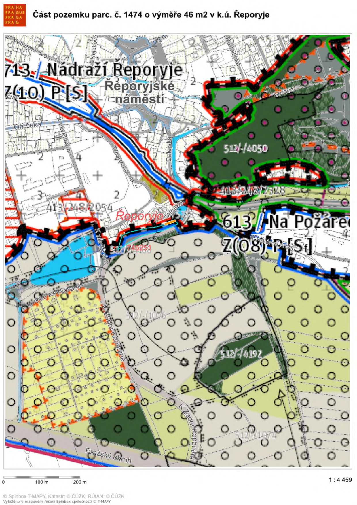 Mapa územního plánu s vyznačením části pozemku parc. č. 1474 o výměře 46 m2 v k.ú. Řeporyje. V mapě jsou patrné názvy ulic a lokalit: Nádraží Řeporyje, Řeporyjské náměstí, Dalejská, Rudolická, Ebrova, K Závětinám, U Bubce, Na Požárecku, K Zadní Kopanině, Pražský okruh. Dále jsou v mapě uvedena čísla parcel a zón, např. 713, 710, 512/-/4050, 413/248/2054, 613, Z(08)-P[St], 745251, 512/-/4192, 512/-/1074.