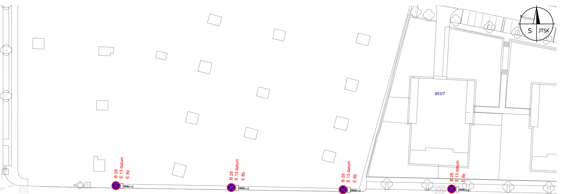 Koordinační situační výkres se značením dopravního značení (zákaz zastavení) u parcely č. 953/7.