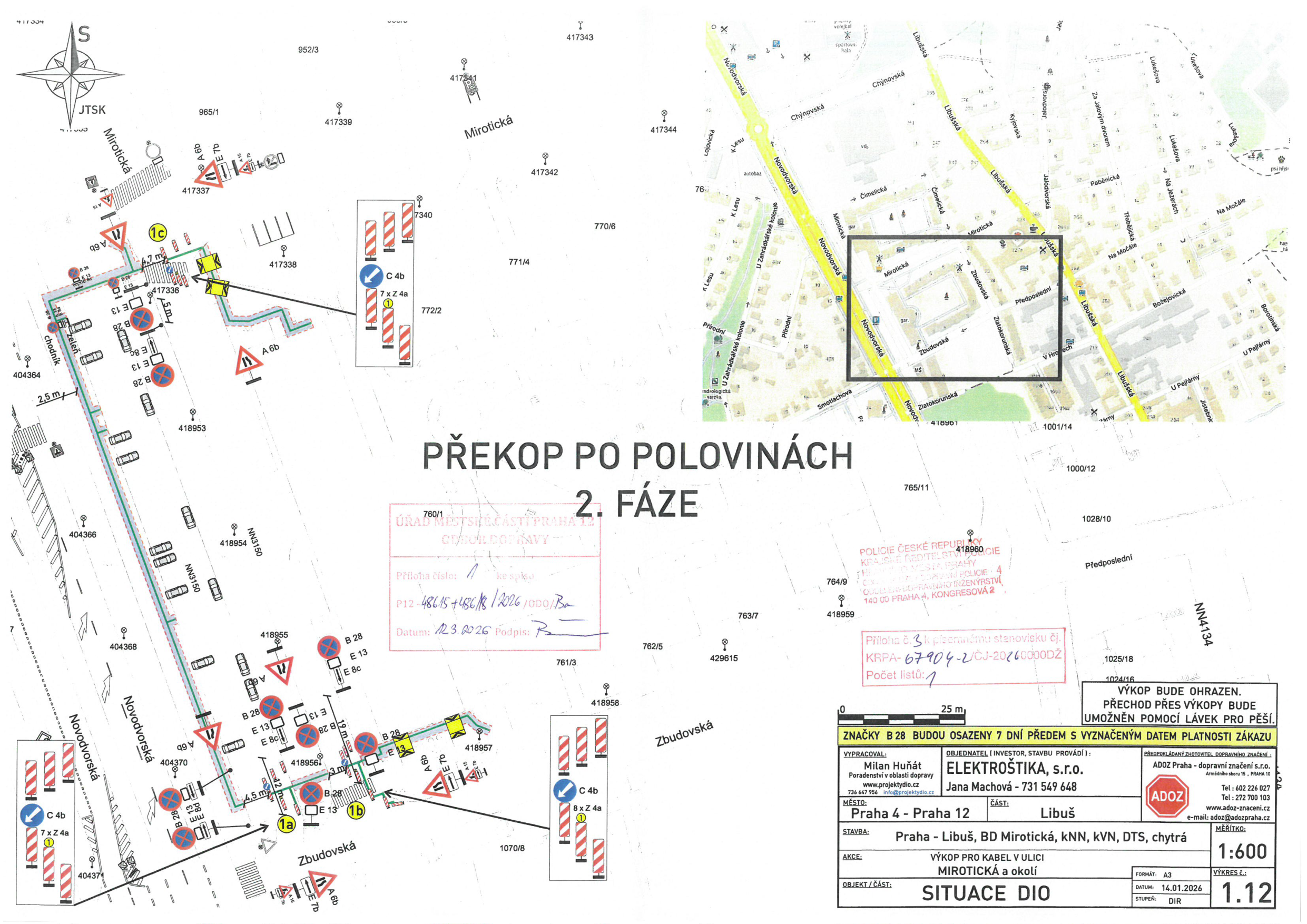 Dopravně inženýrské opatření (DIO) s plánem uzavírky a vedení dopravy při výkopových pracích v ulici Mirotická.