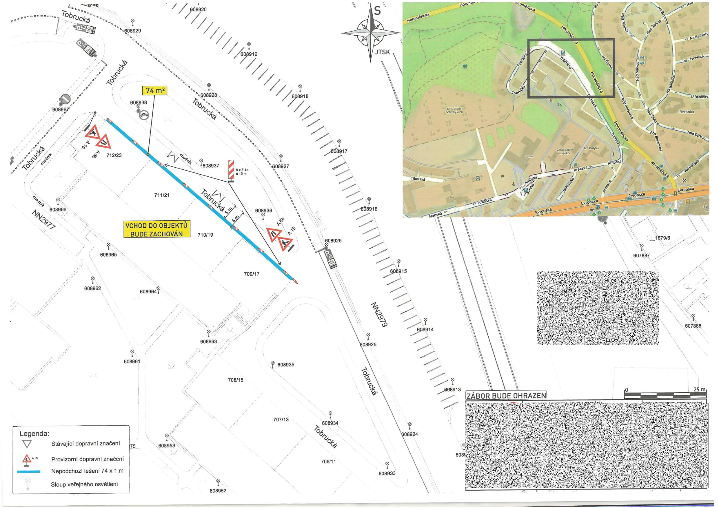 Koordinační situační výkres záboru chodníku a přilehlého prostoru na ulici Tobrucká v Praze.