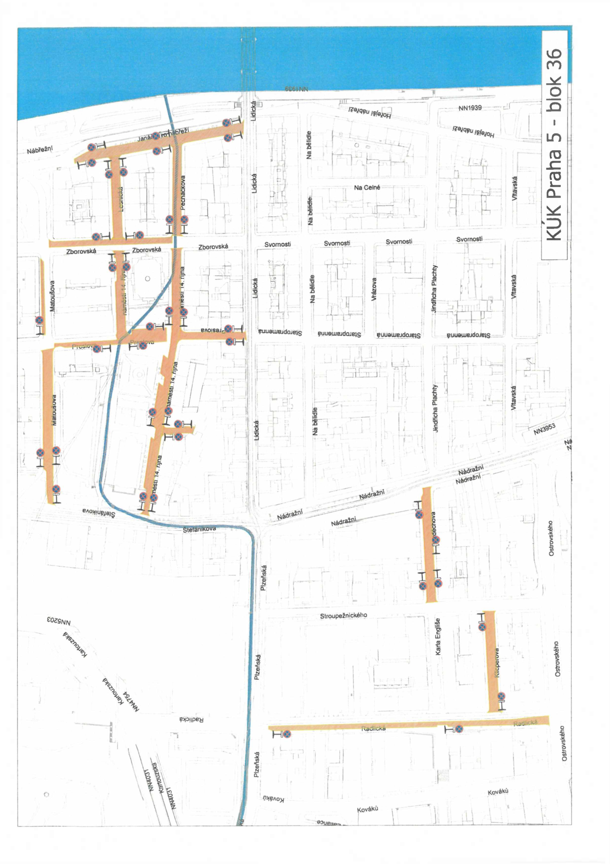 Situační nákres dopravního značení v bloku 36 v Praze 5.