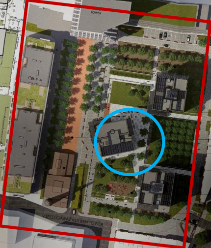 Koordinační situační výkres plánované zástavby v oblasti Kolbenova, zvýrazňující konkrétní objekt v řešeném území.