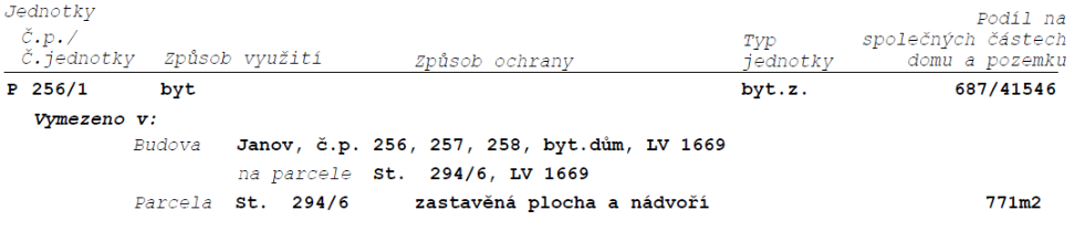 Výpis z katastru nemovitostí týkající se jednotky: Jednotka č.p. 256/1, způsob využití: byt, typ jednotky: byt.z., podíl na společných částech domu a pozemku: 687/41546. Jednotka je vymezena v budově Janov, č.p. 256, 257, 258, bytový dům, LV 1669, na parcele st. 294/6, LV 1669. Parcela st. 294/6 je zastavěná plocha a nádvoří o výměře 771 m2.